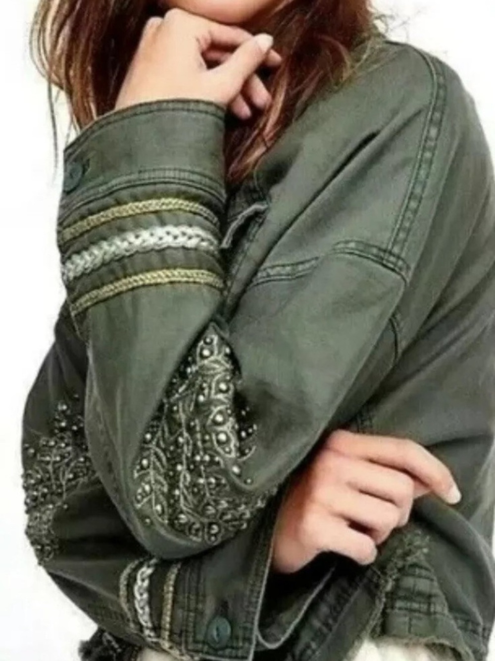 Free People Extreme Cropped Olive Green Embellished Military Jacket Sz S $198